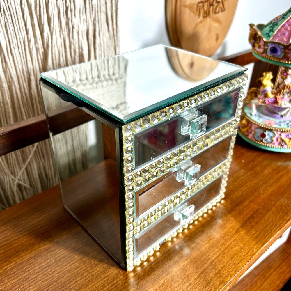Mirrored & Rhinestone Glass 3-Drawer Jewelry Box Organizer, Velvet Lined Box